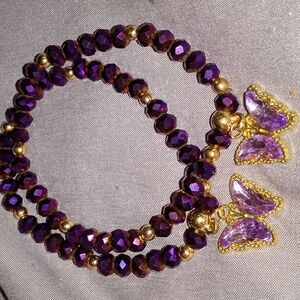 PURPLE AURORA BOREALIS AND GOLD BUTTERFLY BRACELET SET OF TWO